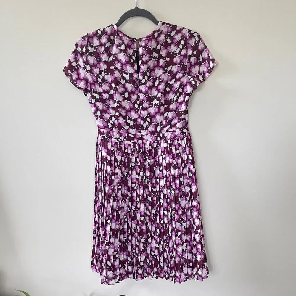 Banana Republic Purple Floral Short Sleeve Pleated Fit & Flare Dress